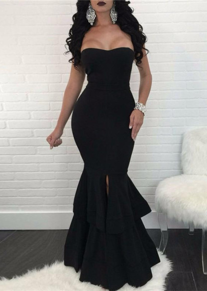 Sexy Black Mermaid Evening Dress |Ruffles Prom Dress With Slit-newarrivaldress