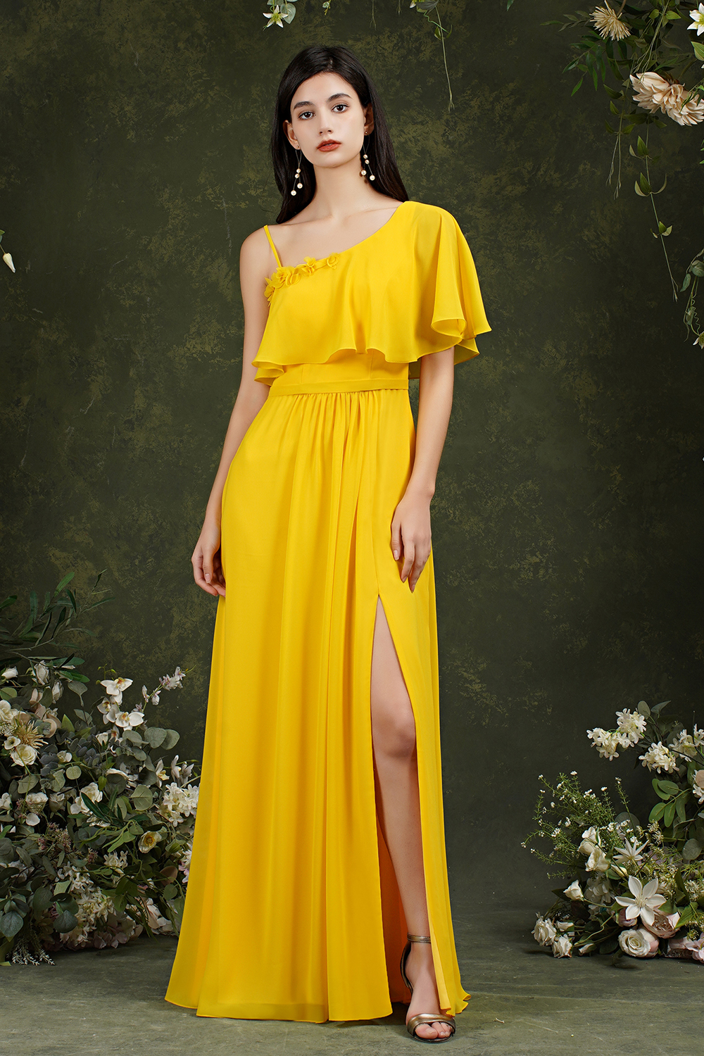 Yellow One Shoulder Chiffon Bridesmaid Dress Side Slit Long Evening Dress-newarrivaldress