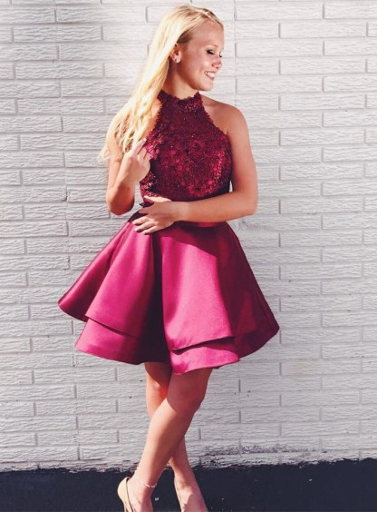 Newest Lace Beads Halter Homecoming Dress | Short Ruffled Party Gown-newarrivaldress