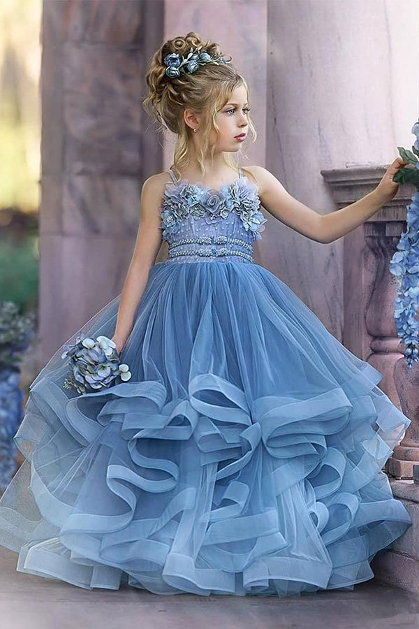 Straps Blue Ruffles Puffy Princess Flower Girl Dresses-newarrivaldress