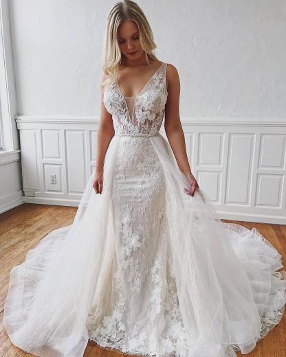 Sexy V-Neck Lace Bridal Gowns | Detachable Mermaid Wedding Dresses Online-newarrivaldress