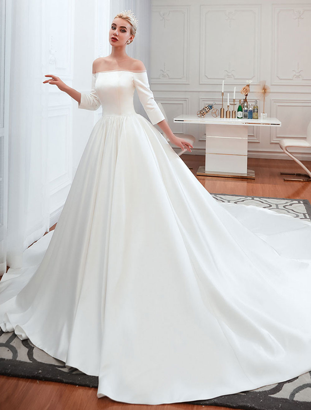 Vintage Wedding Dress 2021 Satin 3/4 Sleeve Off The Shoulder Floor Length Bridal Gowns With Chapel Train-newarrivaldress