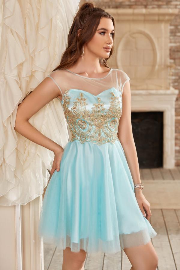 Cute Scoop Neck Tulle Short Homecoming Dress Cap Sleeves Gold Appliques Knee Length Prom Dress-newarrivaldress