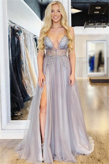 Glamorous Spaghetti-Straps Appliques Side-Slit Prom Dresses-newarrivaldress