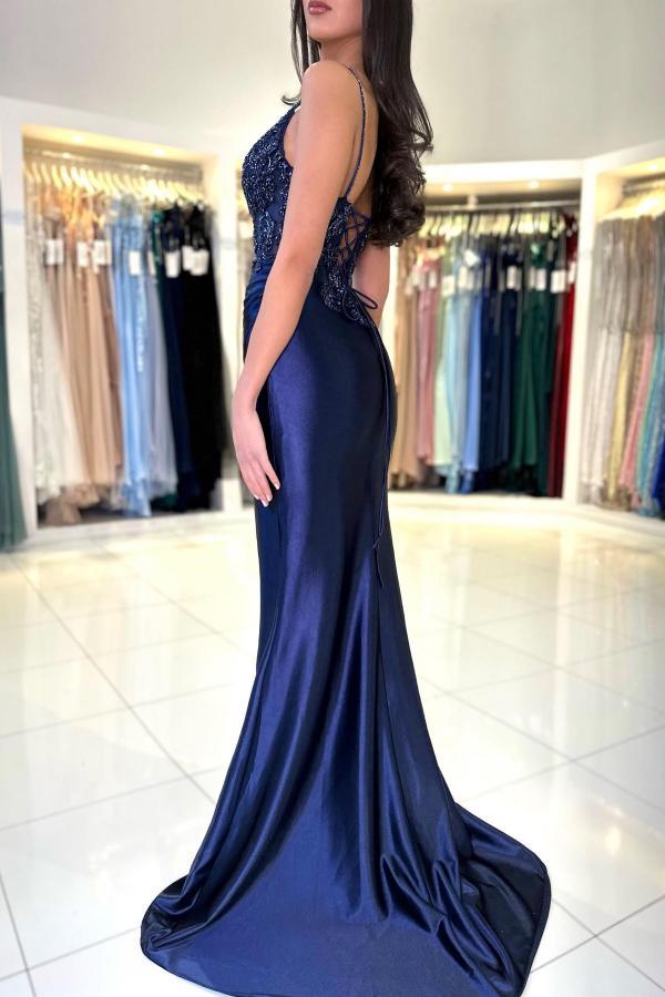 Charming Royal Blue Satin Mermaid Prom Dress V-Neck Floral Lace Side Slit Party Wear Dress-newarrivaldress