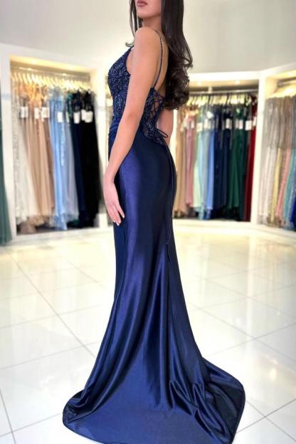 Charming Royal Blue Satin Mermaid Prom Dress V-Neck Floral Lace Side Slit Party Wear Dress-newarrivaldress