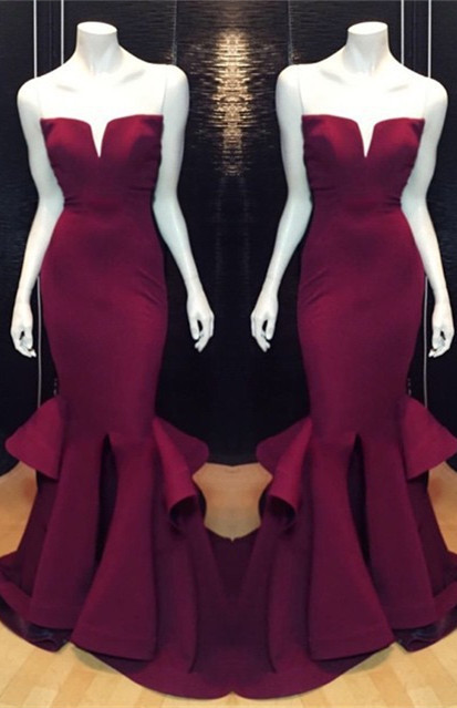 Marsala Burgundy Mermaid Long Prom Dresses Ruffles Notched Front Slit Formal Evening Gowns-newarrivaldress