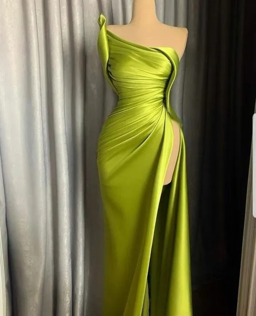 One Shoulder satin Green Prom Dress Side Slit Evening Dress-newarrivaldress