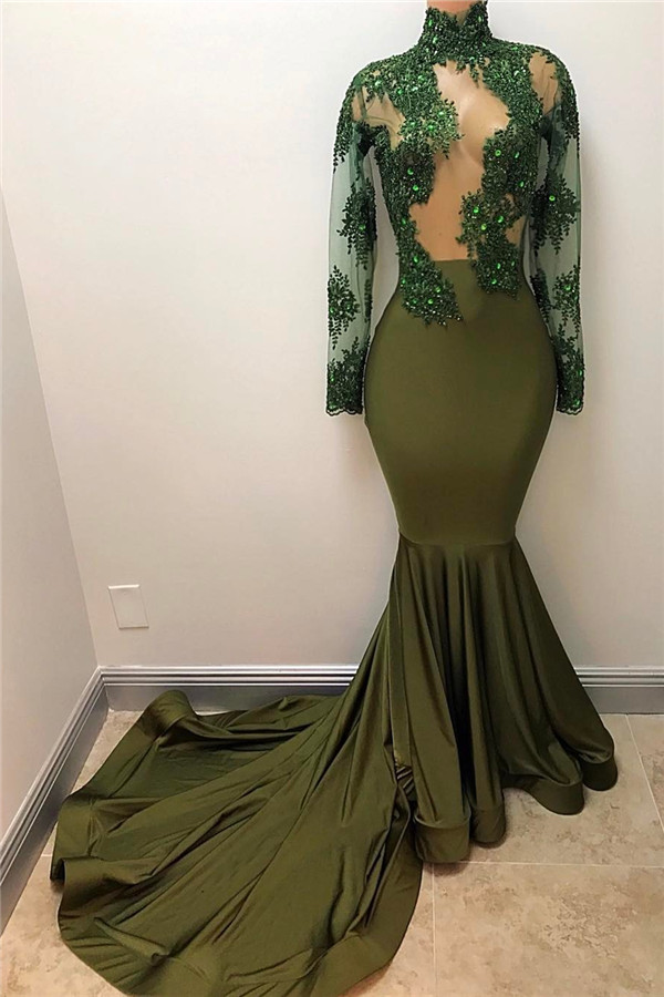 Olive Green Long Sleeve Long Prom Dresses Plus Size | High Neck Mermaid Formal Evening Gowns BA7958-newarrivaldress