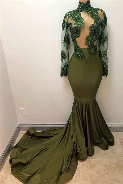 Olive Green Long Sleeve Long Prom Dresses Plus Size | High Neck Mermaid Formal Evening Gowns BA7958-newarrivaldress
