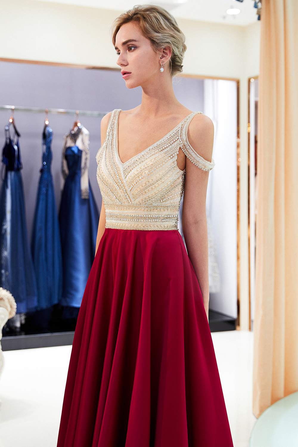 Burgundy A-line V-neck Sleeveless Crystal Beading Evening Dresses-newarrivaldress