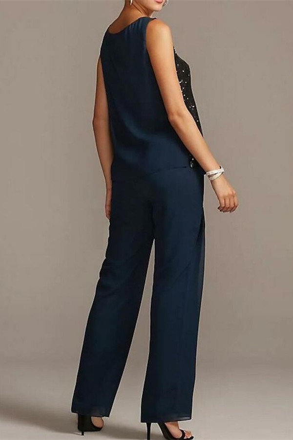 3 Piece Chiffon Jumpsuit Sequins Mother of the Bride Dress with Scoop Neck 3/4 Sleeves-newarrivaldress