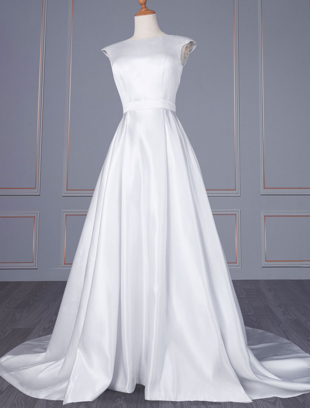 A Line Wedding Dress Jewel Neck Sleeveless White Satin Sash Bridal Gowns-newarrivaldress