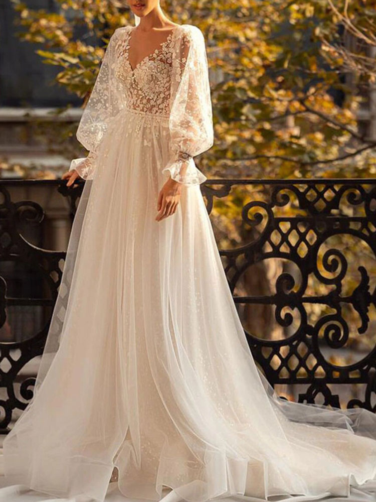 White Simple Wedding Dress With Train A-Line V-Neck Natural Waist Long Sleeves Lace Bridal Dresses-newarrivaldress