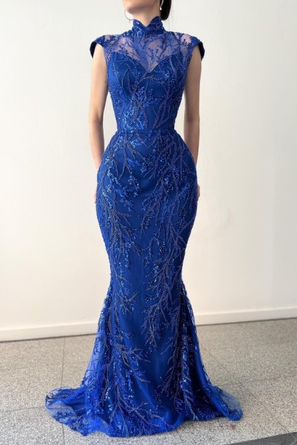 Royal Blue High Neck Beadings Mermaid Prom Dress Cap Sleeves Long Evening Gown with Sweep Train-newarrivaldress