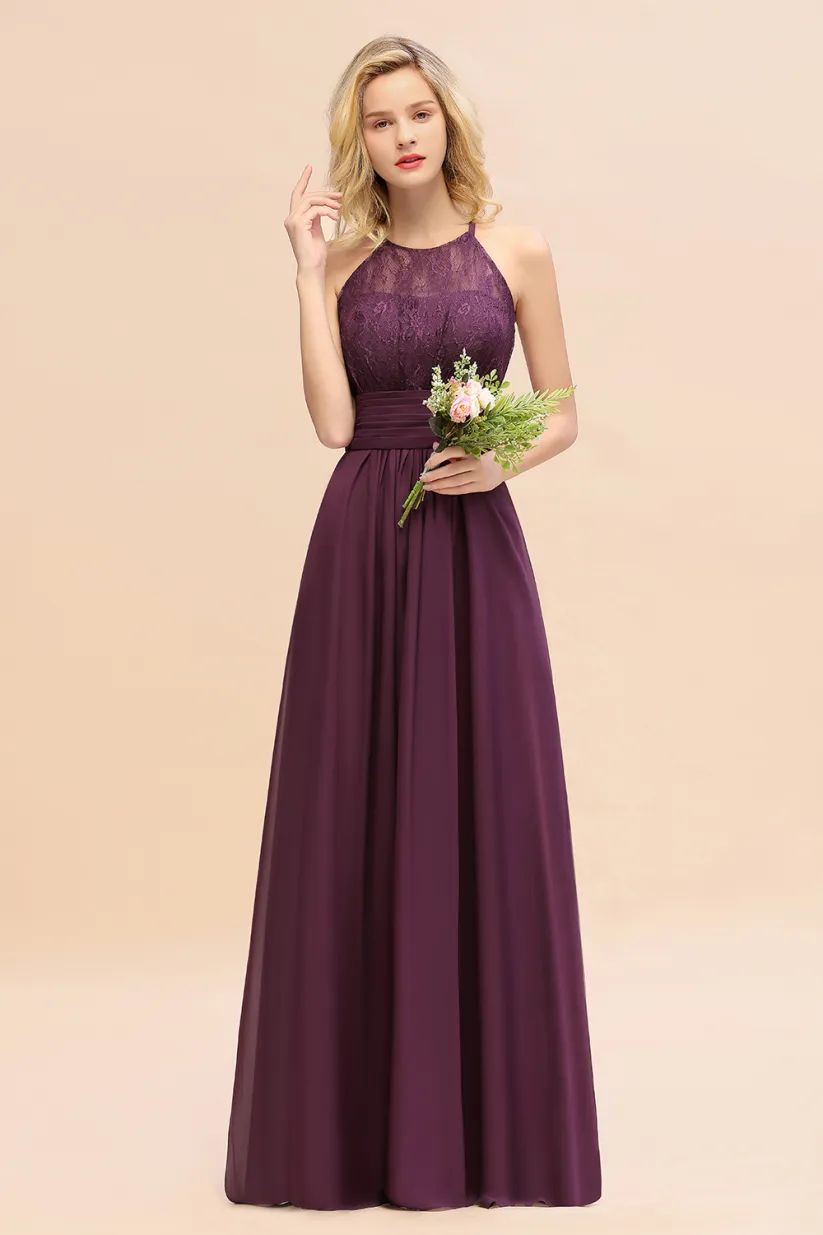 Halter Ruffles Sleeveless Bridesmaid Dress Lace Aline Wedding Guest Dress