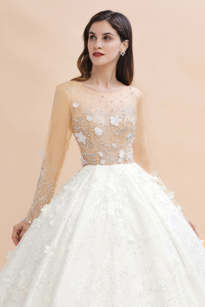 Gorgeous Scoop Neck Wedding Dress Long Sleeves Glitter Floral Lace Aline Bridal Dress-newarrivaldress