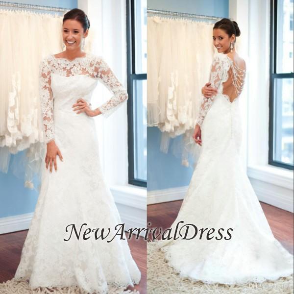 Sexy Open Back A-Line Plus Size LaceSleeves Elegant Wedding Dresses