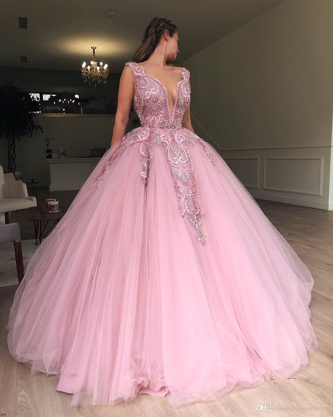 Glamorous Pink Ball Gown Deep V-Neck Sleeveless Applique Evening Dresses-newarrivaldress