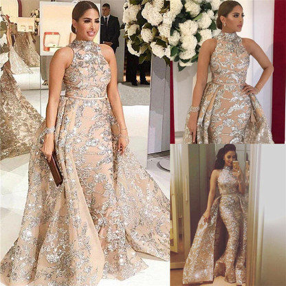 Silver Beads Appliques Overskirt Prom Dresses Long | Sleeveless Champagne Formal Dress-newarrivaldress