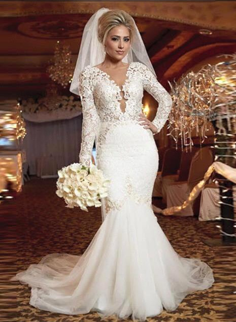 V-neck Sexy Lace Long Sleeve Wedding Dresses | Appliques Open Back Mermaid Bridal Gowns-newarrivaldress
