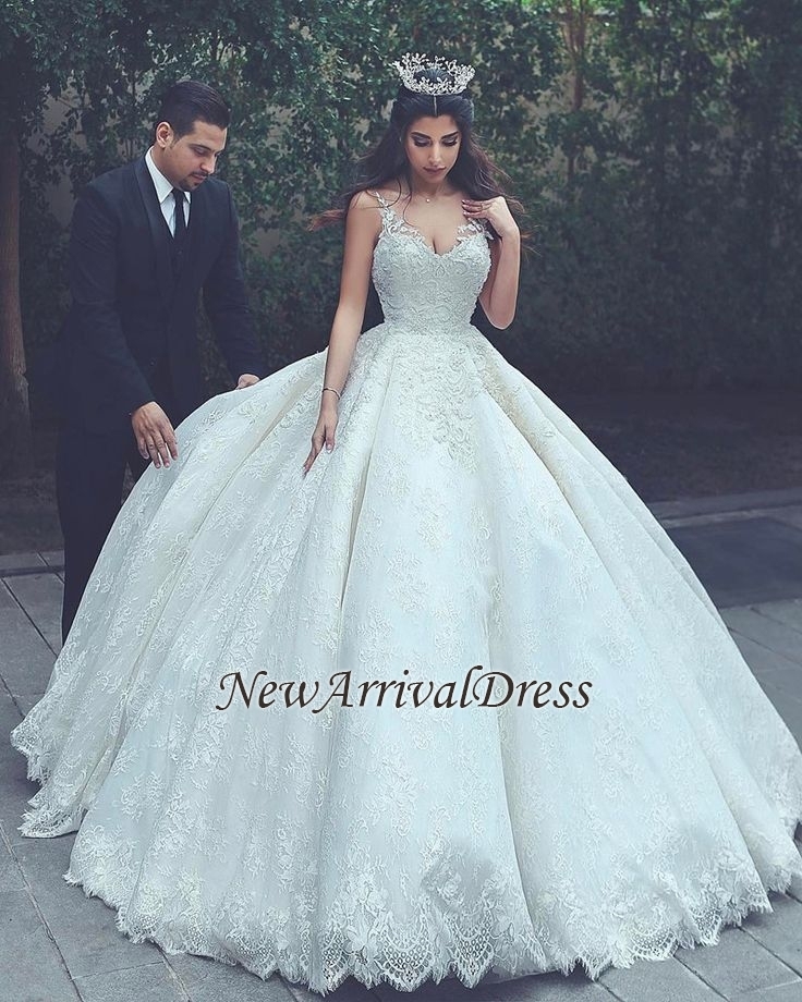 Online New Arrival Lace Latest V-neck Appliques Sexy Sleeveless Elegant Ball Gown Wedding Dresses-newarrivaldress