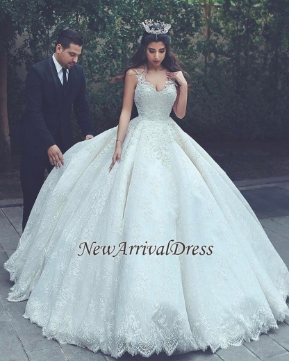 Online New Arrival Lace Latest V-neck Appliques Sexy Sleeveless Elegant Ball Gown Wedding Dresses-newarrivaldress