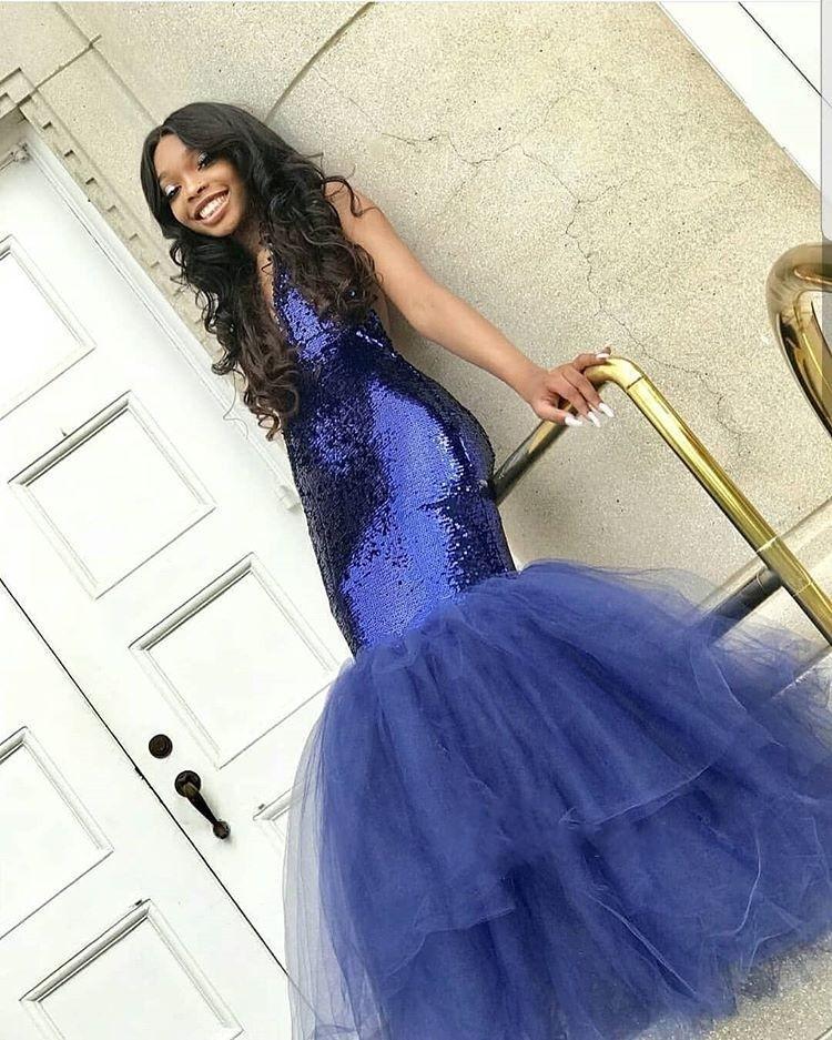 Sexy Navy Blue Mermaid Sequins Prom Dresses | Tulle Sleeveless V-Neck Evening Dresses-newarrivaldress
