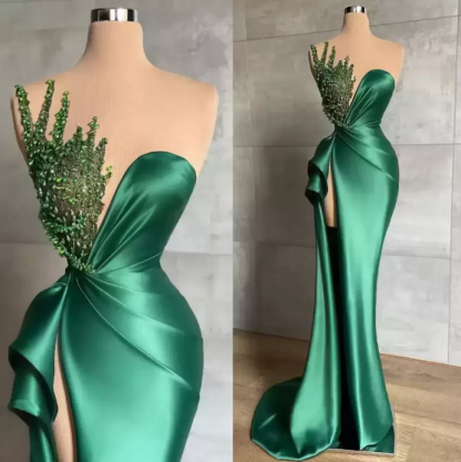 Sleeveless Ruched Satin Slim Mermaid Prom Dress Glitter Crystals Long Evening Dress-newarrivaldress