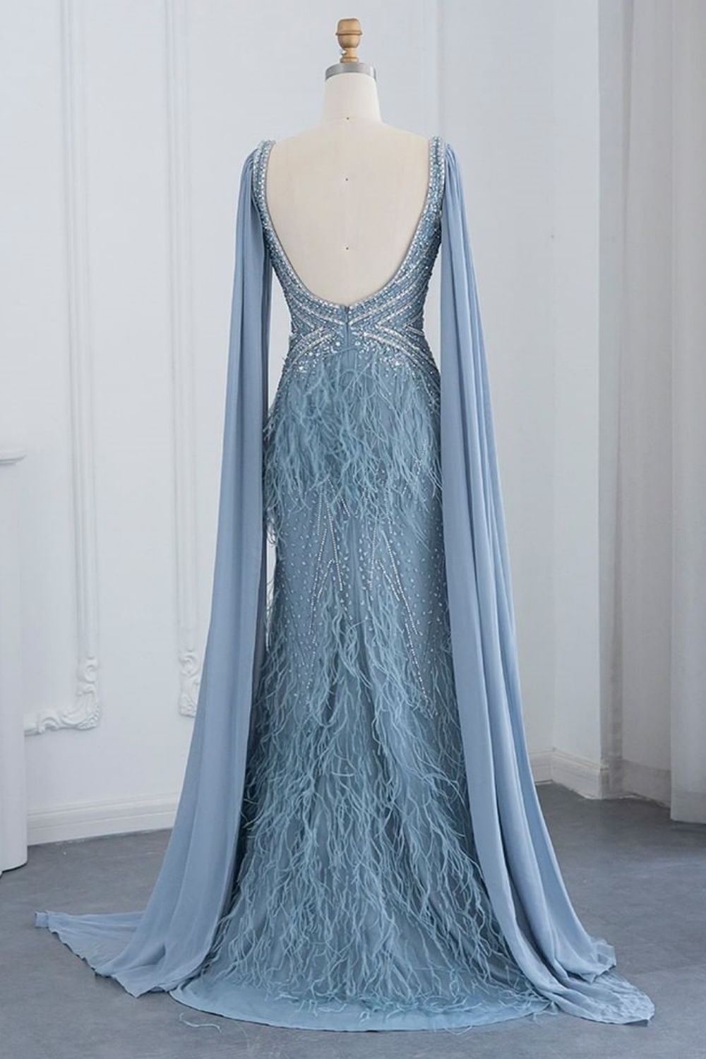 Charming Sky Blue Deep V-neck Fur Mermaid Front Slit Evening Dress with Cape-newarrivaldress