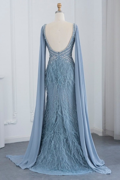 Charming Sky Blue Deep V-neck Fur Mermaid Front Slit Evening Dress with Cape-newarrivaldress
