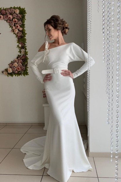 Long Sleeve Sash Belt Wedding Dresses | Sexy Backless Sheath Bridal Gowns Online-newarrivaldress