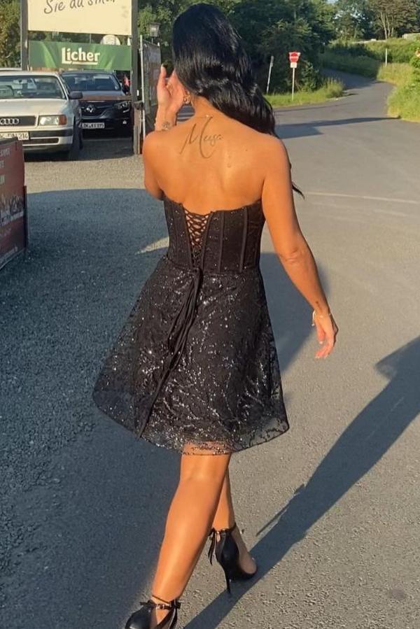 Stunning Black Short Party Dress Sweetheart Strapless Sequins Homecoming Dress-newarrivaldress