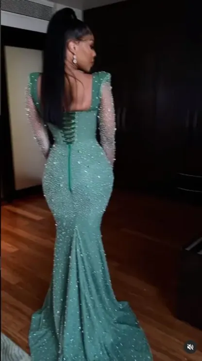 Shinning Applique Long Sleeves Green Mermaid Floor Length Prom Dress