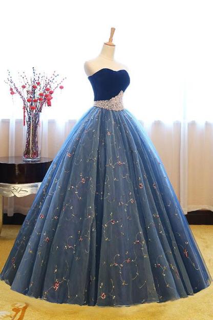 Embroidery Puffy Exquisite Pearls Sweetheart Long Prom Dresses-newarrivaldress