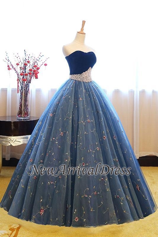 Embroidery Puffy Exquisite Pearls Sweetheart Long Prom Dresses-newarrivaldress