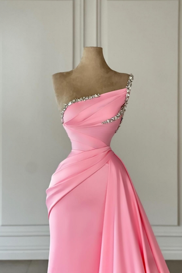 One Shoulder Pink Ruched Satin Long Prom Dresses Sparkly Sequins Floor Length Party Gown-newarrivaldress