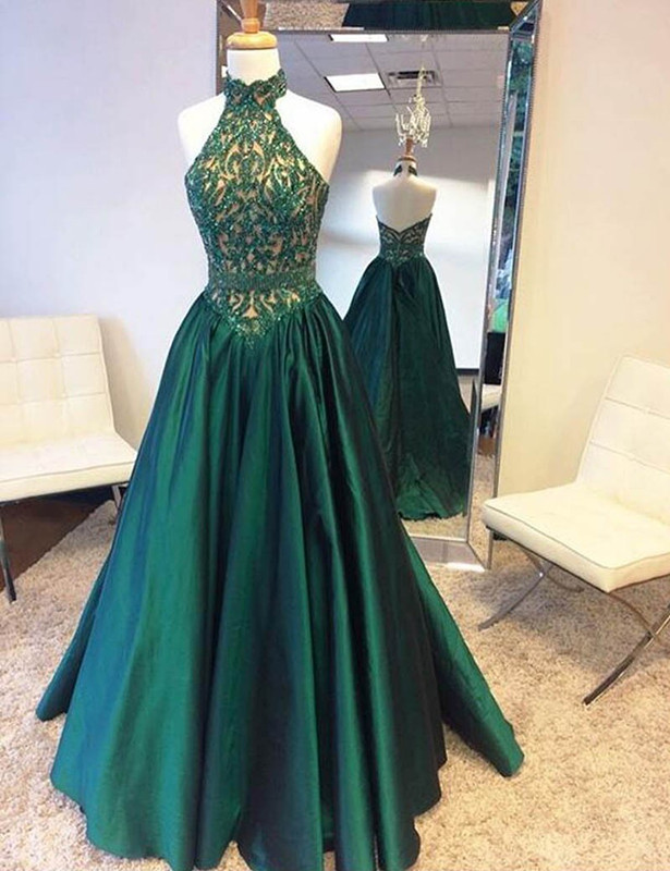 Green Halter Open Back Custom Made A-line Floor Length Beads Prom Dresses-newarrivaldress