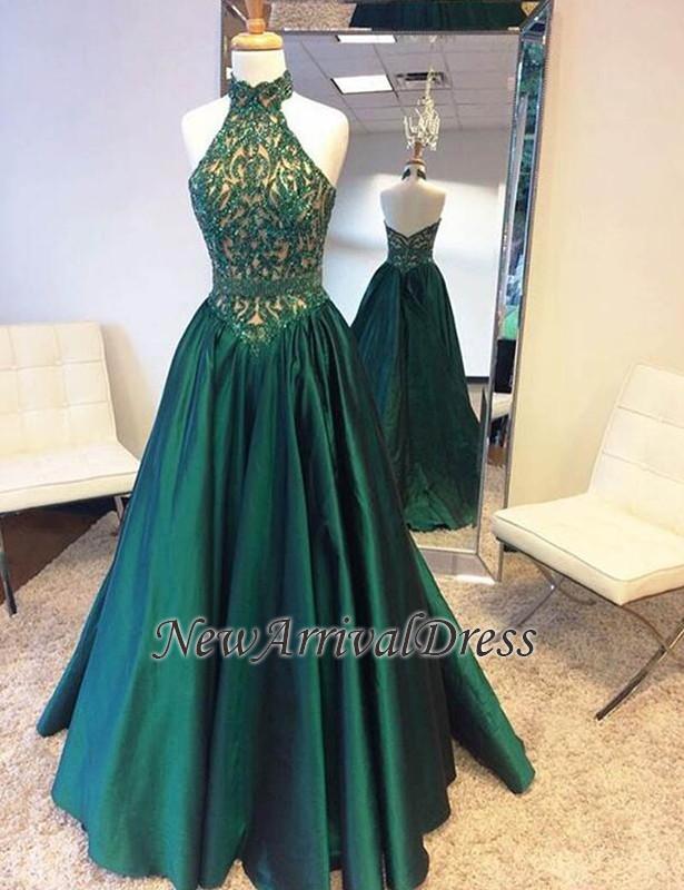 Green Halter Open Back Custom Made A-line Floor Length Beads Prom Dresses-newarrivaldress