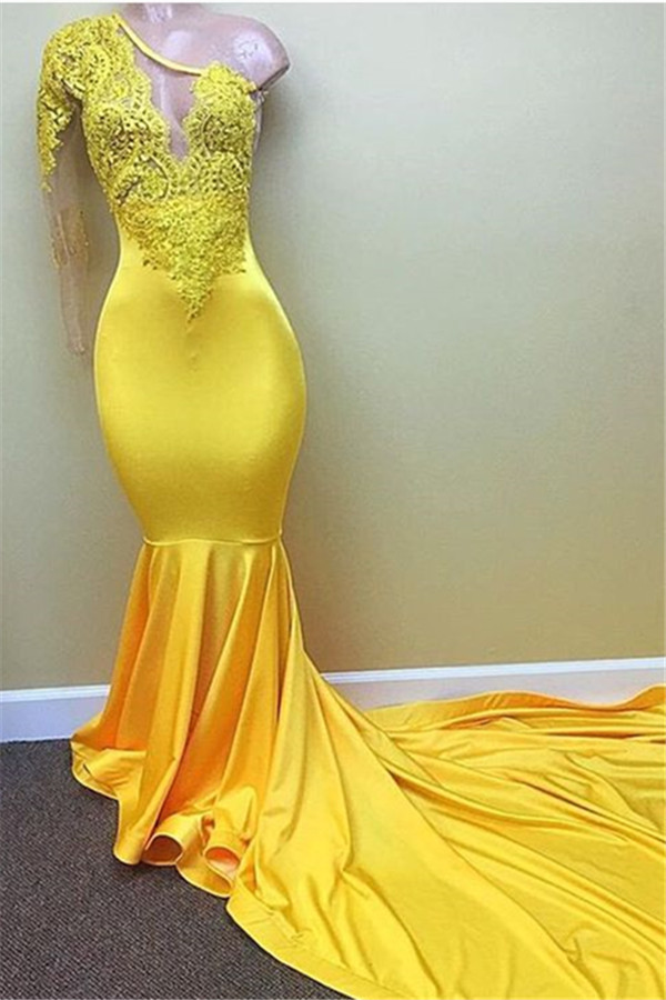 Lace Appliques Yellow Long Prom Dresses for Juniors | One Sleeve Evening Gowns BA7778-newarrivaldress