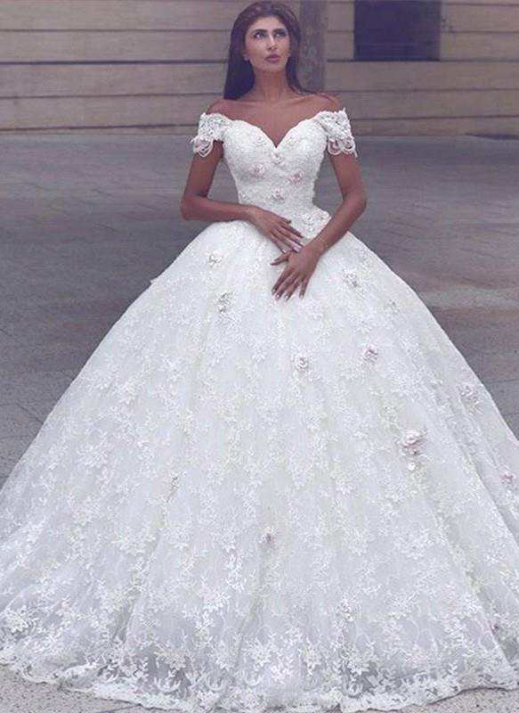 Cap Sleeve Lace Glamorous Lace Ball Gown Wedding Dresses-newarrivaldress