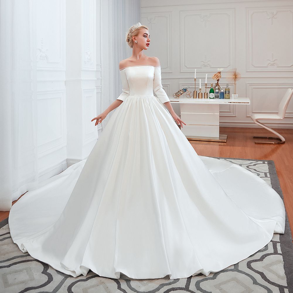 Amazing Off Shoulder Satin Wedding Dress Aline with Sleeves-newarrivaldress
