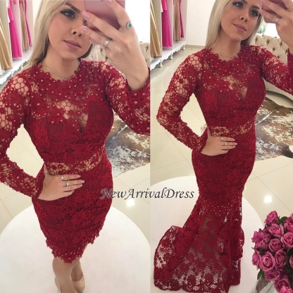 Jewel Pearls Sleeves Lace Luxury Mermaid Long Prom Dresses-newarrivaldress