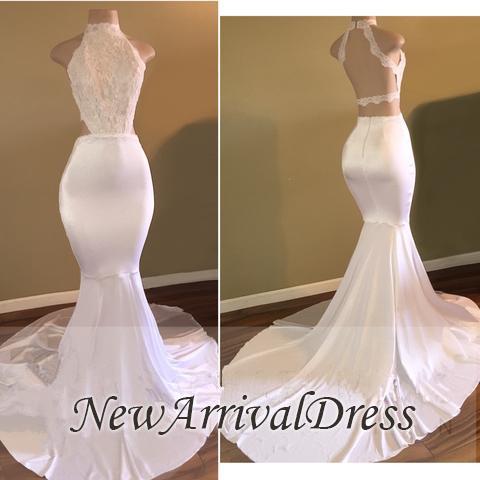 New Arrival High Neck Sleeveless Evening Gowns | White Mermaid Prom Dresses-newarrivaldress