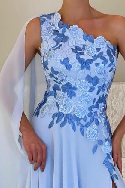 One Shoulder Blue Flower Appliques Evening Dress Floor Length Chiffon Mother of the Bride Dress-newarrivaldress