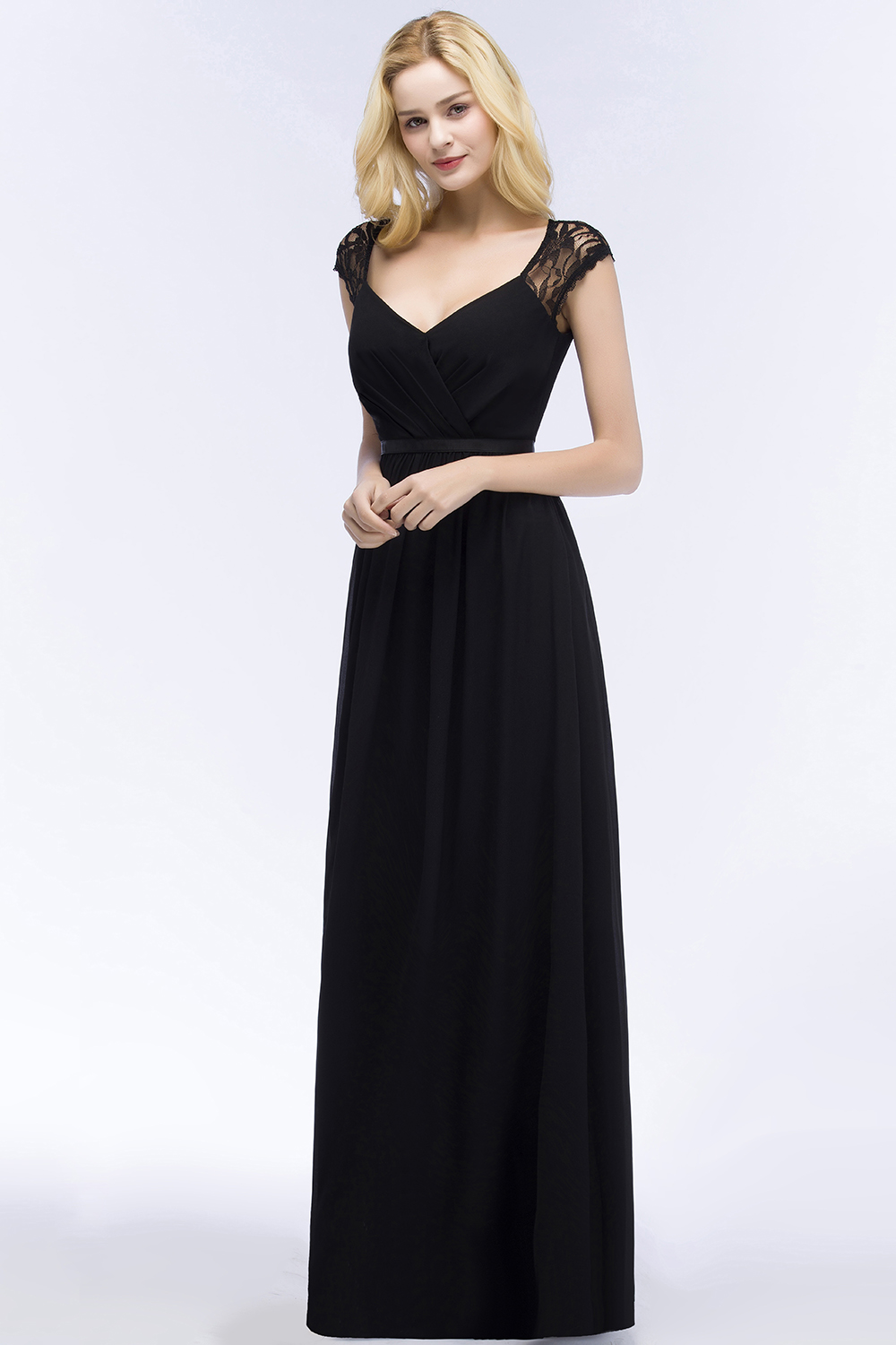 ROSALIA | A-line V-neck Floor Length Lace Chiffon Bridesmaid Dresses with Sash-newarrivaldress