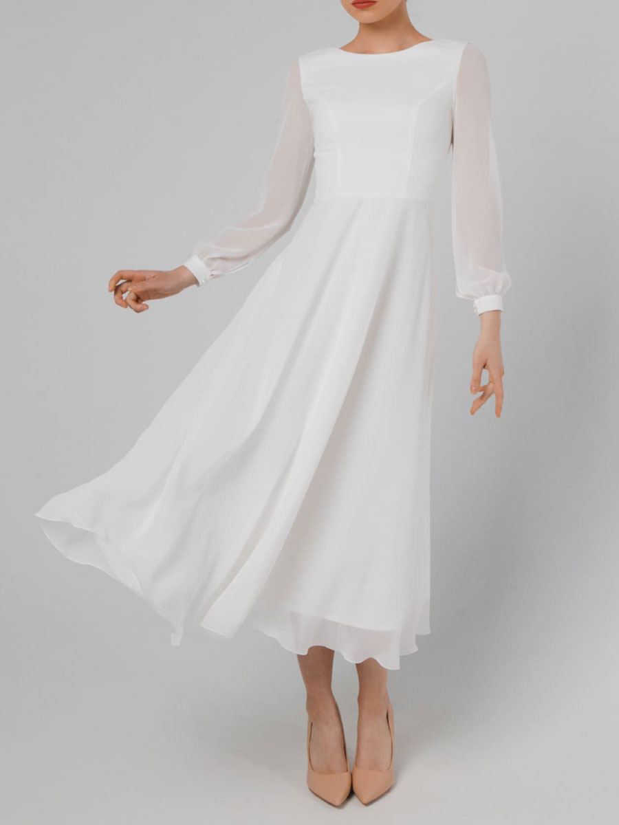 White A-Line Simple Wedding Dress Jewel Neck Long Sleeves Ankle-Length Zipper Chiffon Bridal Gowns-newarrivaldress