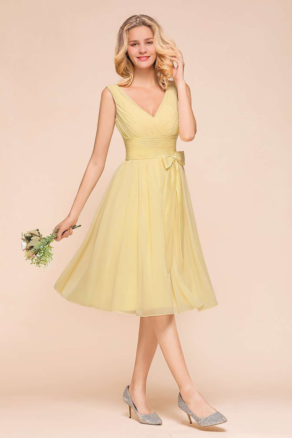 Elegant Daffodil Ruffle Chiffon Short Bridesmaid Dress Sleeveless Aline Tea Length Formal Dress-newarrivaldress