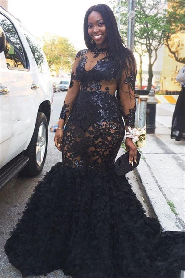 Black Long Sleeve Plus Size Prom Dresses | Appliques Mermaid Long Formal Dresses SK0171-newarrivaldress