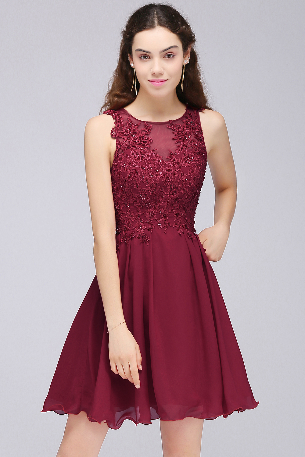 CARLEE | A-line Jewel Short Chiffon Burgundy Homecoming Dresses with Lace Appliques-newarrivaldress